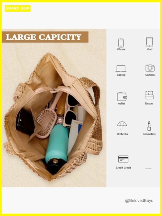 Straw Beach Tote Bag for Women, Large Woven Purse with  Large Straw Woven Beach Tote Bag Shoulder Handbag Summer Travel